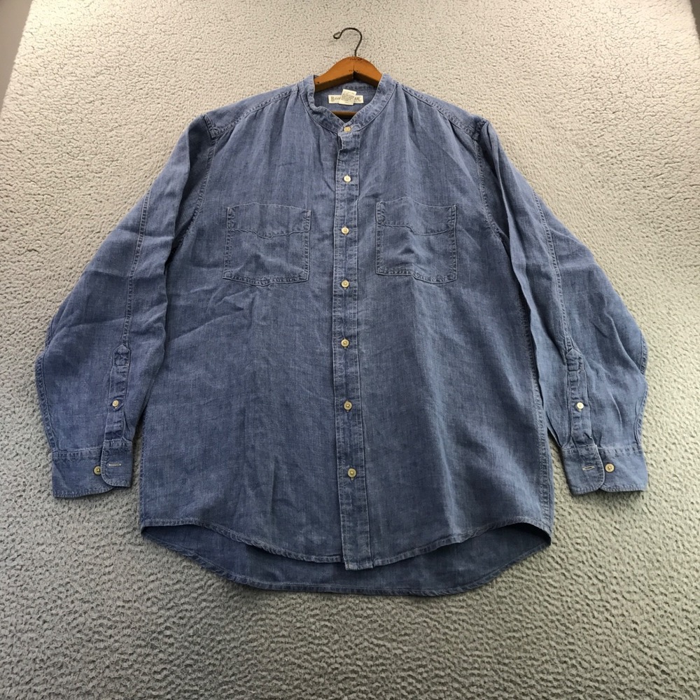 VTG Banana Republic Shirt Mens Large Linen Chambray Denim Band Collar Baggy 90s